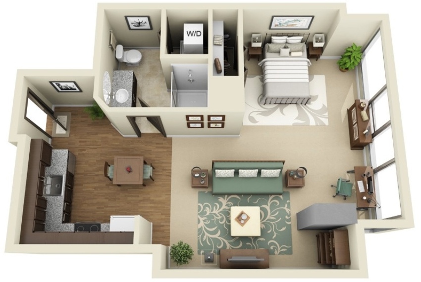 Układ jednopokojowego apartamentu typu studio Układ jednopokojowego apartamentu typu studio