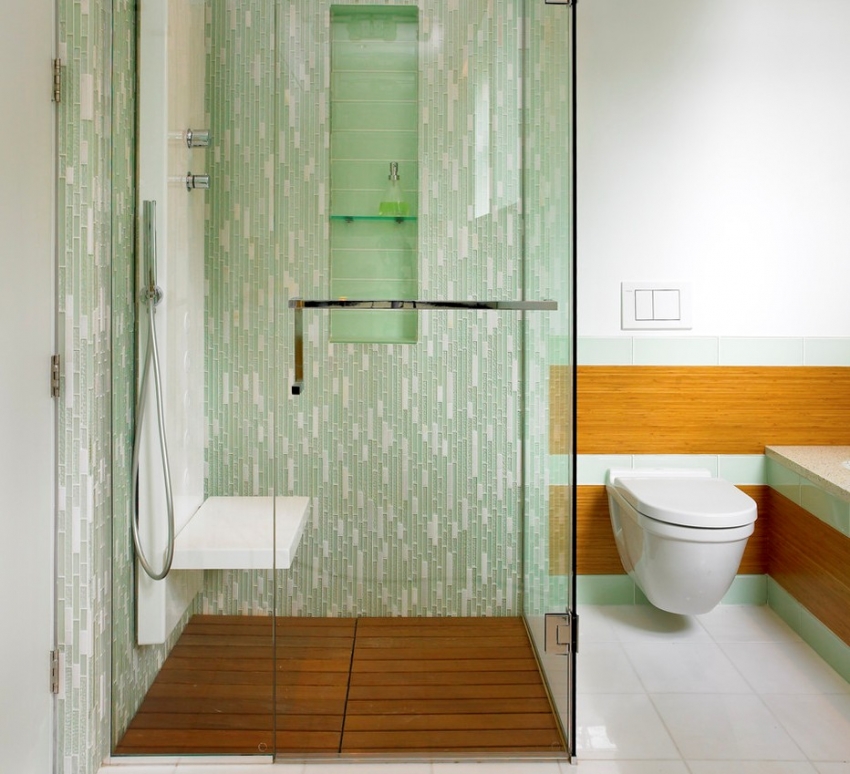 Μπορείτε να διαιρέσετε οπτικά το χώρο του μπάνιου χρησιμοποιώντας πλακάκια σε αντίθετο χρώμα Μπορείτε να διαιρέσετε οπτικά το χώρο του μπάνιου χρησιμοποιώντας πλακάκια σε αντίθετο χρώμα