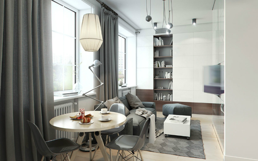 Svetlé odtiene šedej dodajú malej miestnosti ľahkosť Svetlé odtiene šedej dodajú malej miestnosti ľahkosť