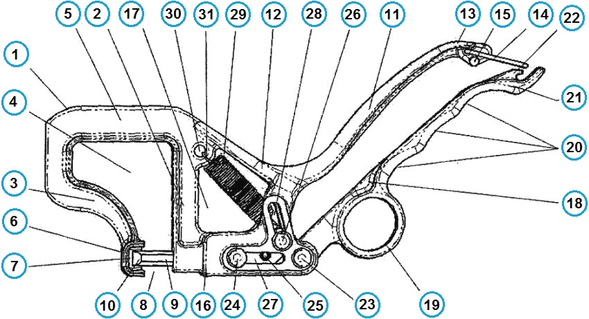 Uređaj za rezanje profila: 1 - nosač, 2 - prvi krak, 3 - drugi krak, 4 - otvor nosača, 5 - postolje nosača, 6 - zaustavljanje, 7 - udubljenje, 8 - radni razmak, 9 - udarac, 10 - radni kraj, 11 - fiksna ručka, 12 - fiksna osnova ručke, 13 - slobodni kraj fiksne ručke, 14 - šarka, 15 - zaustavljanje kretanja šarke, 16 - okvir, 17 - otvor okvira, 18 - pokretna ručka, 19 - prsten, 20 - slobodni kraj pokretna ručka, 21 - kuka, 22 - fiksna os, 23 - prva pomična osovina, 24 - druga pokretna osovina, 25 - treća pomična osovina, 26 - odgovarajuće rupe, 27 - drugi utor za vođicu, 28 - klackalica, 29 - prvi krajnji zavoj , 30 - drugi završni zavoj, 31 - pričvršćeni dijelovi Uređaj za rezanje profila: 1 - nosač, 2 - prvi krak, 3 - drugi krak, 4 - otvor nosača, 5 - postolje nosača, 6 - zaustavljanje, 7 - udubljenje, 8 - radni razmak, 9 - udarac, 10 - radni kraj, 11 - fiksna ručka, 12 - fiksna osnova ručke, 13 - slobodni kraj fiksne ručke, 14 - šarka, 15 - zaustavljanje kretanja šarke, 16 - okvir, 17 - otvor okvira, 18 - pokretna ručka, 19 - prsten, 20 - slobodni kraj pokretna ručka, 21 - kuka, 22 - fiksna os, 23 - prva pomična osovina, 24 - druga pokretna osovina, 25 - treća pomična osovina, 26 - odgovarajuće rupe, 27 - drugi utor za vođicu, 28 - klackalica, 29 - prvi krajnji zavoj , 30 - drugi završni zavoj, 31 - pričvršćeni dijelovi