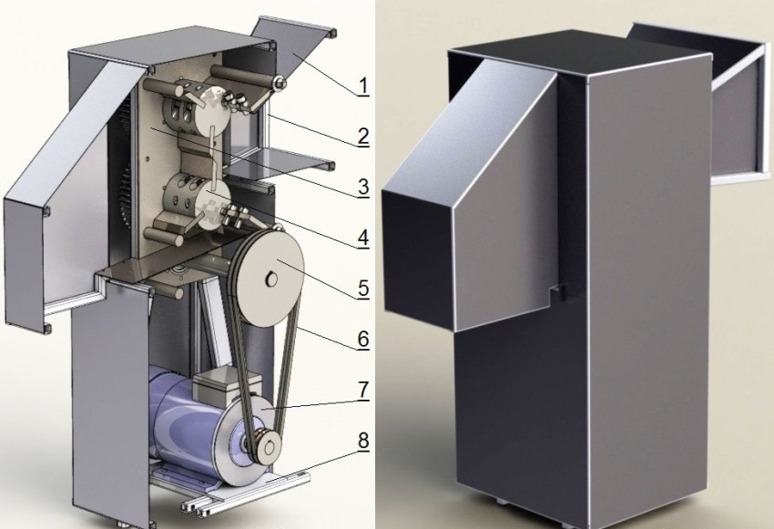 Dispozitiv de tocat: 1 - înveliș cadru, 2 - cadru, 3 - cutie de viteze, 4 - arbore de lucru, 5 - arbore de transmisie, 6 - curea trapezoidală, 7 - motor electric, 8 - platan rotativ Dispozitiv de tocat: 1 - înveliș cadru, 2 - cadru, 3 - cutie de viteze, 4 - arbore de lucru, 5 - arbore de transmisie, 6 - curea trapezoidală, 7 - motor electric, 8 - platan rotativ