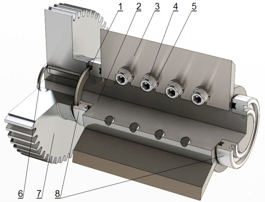 Dispozitiv cu arbore de lucru (antrenat): 1 - bucșă, 2 - arbore, 3 - element de tăiere, 4 - șurub M12 x 35 mm cu hexagon intern, 5 - șaibă cu arc A12, 6 - cerc 40 x 2,5 mm, 7 - angrenaj MSGA4-50, 8 - rulment nr. 6210 Dispozitiv cu arbore de lucru (antrenat): 1 - bucșă, 2 - arbore, 3 - element de tăiere, 4 - șurub M12 x 35 mm cu hexagon intern, 5 - șaibă cu arc A12, 6 - cerc 40 x 2,5 mm, 7 - angrenaj MSGA4-50, 8 - rulment nr. 6210