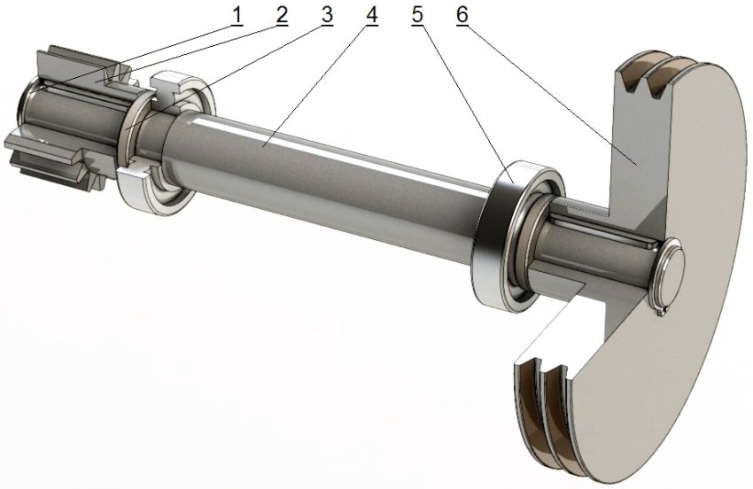 Dispozitiv pentru arbore de acționare: 1 - inel de fixare 30 x 2 mm, 2 - angrenaj MSGВ4-15, 3 - bucșă, 4 - arbore, 5 - rulment nr. 6207, 6 - scripete antrenată Dispozitiv pentru arbore de acționare: 1 - inel de fixare 30 x 2 mm, 2 - angrenaj MSGВ4-15, 3 - bucșă, 4 - arbore, 5 - rulment nr. 6207, 6 - scripete antrenată