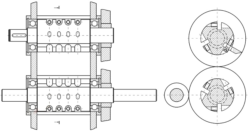 Desenarea aranjamentului arborilor pe cadrul tocătorului cu două role Desenarea aranjamentului arborilor pe cadrul tocătorului cu două role