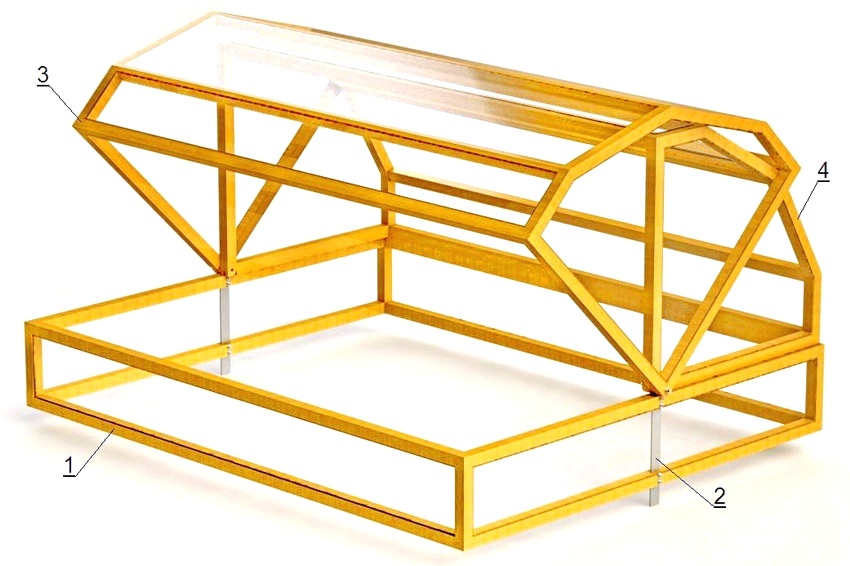 1. Stiftelse. 2. Metalkrykke. 3. Ytre sektor av prismen. 4. Prismaens indre sektor. 1. Stiftelse. 2. Metalkrykke. 3. Ytre sektor av prismen. 4. Prismaens indre sektor.