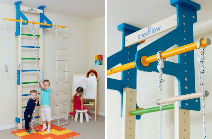 Paret sueca en expansió, dissenyada per a nens a partir de tres anys i equipada amb corda, escala i anells Paret sueca en expansió, dissenyada per a nens a partir de tres anys i equipada amb corda, escala i anells