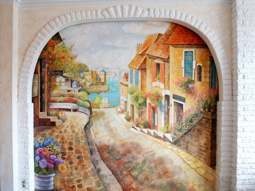 Vďaka špeciálnej technike nanášania pigmentov na omietku sa obraz javí trojrozmerne a je zreteľne viditeľný bez ohľadu na uhol pohľadu Vďaka špeciálnej technike nanášania pigmentov na omietku sa obraz javí trojrozmerne a je zreteľne viditeľný bez ohľadu na uhol pohľadu