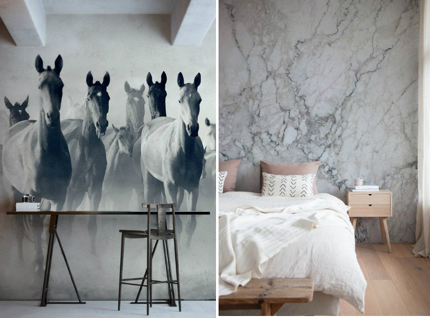 Fototapeten mit 3D-Effekt im monochromen Innenraum helfen dabei, einen bestimmten Bereich des Raums hervorzuheben Fototapeten mit 3D-Effekt im monochromen Innenraum helfen dabei, einen bestimmten Bereich des Raums hervorzuheben