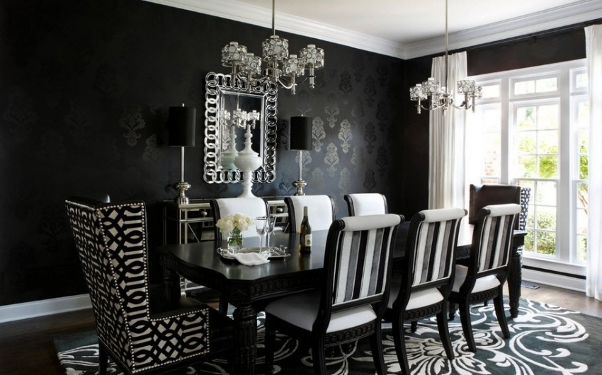 Um die schwarze Farbe der Wände zu mildern, können Sie Tapeten mit einem fast unsichtbaren Weiß- oder Perlmuttmuster verwenden. Um die schwarze Farbe der Wände zu mildern, können Sie Tapeten mit einem fast unsichtbaren Weiß- oder Perlmuttmuster verwenden.