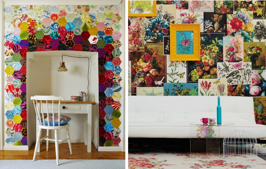 Ярки пачуърк вложки се препоръчва да се комбинират с бели тапети и мебели Ярки пачуърк вложки се препоръчва да се комбинират с бели тапети и мебели