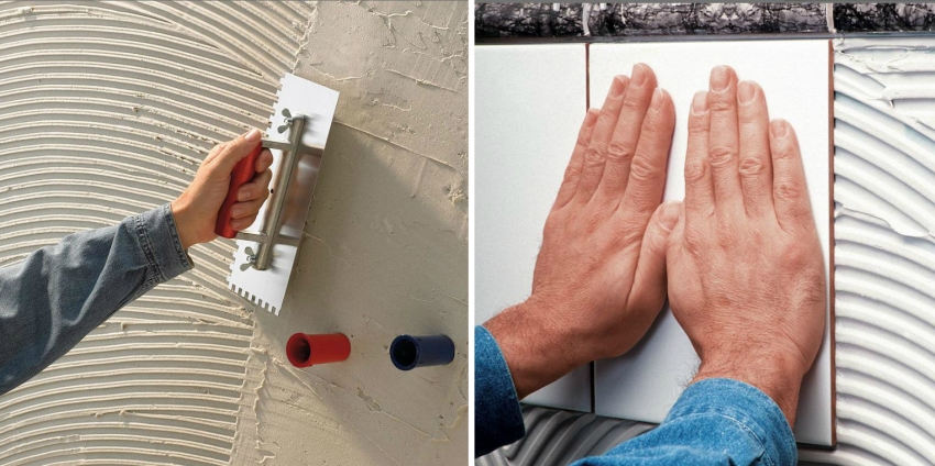 Στοιχεία με πλακάκια συνδέονται στον τοίχο χρησιμοποιώντας ειδική κόλλα Στοιχεία με πλακάκια συνδέονται στον τοίχο χρησιμοποιώντας ειδική κόλλα