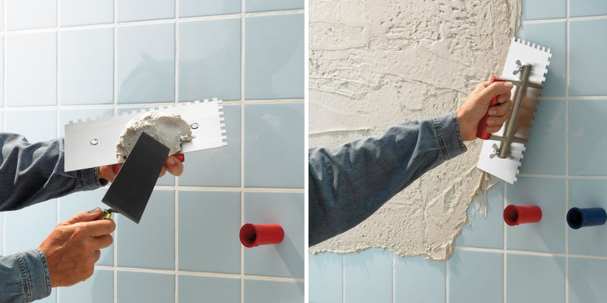 Για να βελτιωθεί η στερέωση ενός νέου στρώματος πλακιδίων, εφαρμόζεται μια συγκεκριμένη επαφή στην παλιά βάση Για να βελτιωθεί η στερέωση ενός νέου στρώματος πλακιδίων, εφαρμόζεται μια συγκεκριμένη επαφή στην παλιά βάση