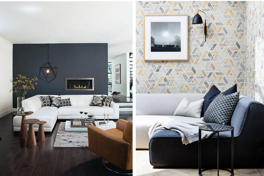 Пример за успешна комбинация от тапети и мебели в монохромни нюанси Пример за успешна комбинация от тапети и мебели в монохромни нюанси