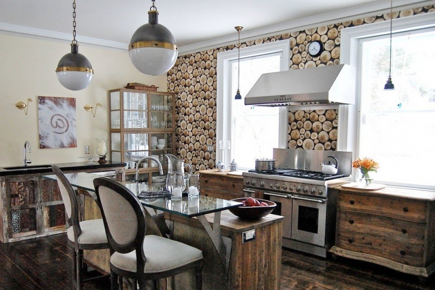 Dobar primjer korištenja 3D pozadine s imitacijom stabla trupaca u kuhinji Dobar primjer korištenja 3D pozadine s imitacijom stabla trupaca u kuhinji