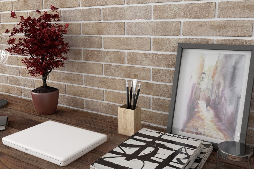 Sandfarvet mursten med hvid fugemasse Sandfarvet mursten med hvid fugemasse