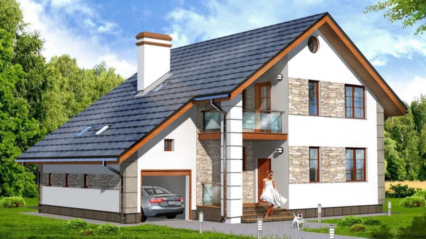 Proyekto sa bahay na may bubong na gable at built-in na garahe Proyekto sa bahay na may bubong na gable at built-in na garahe