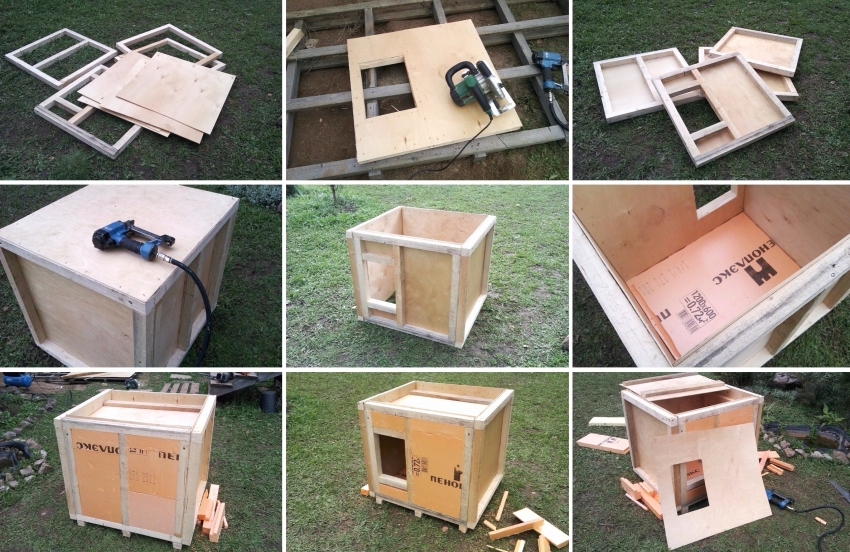 Prosessen med å bygge en isolert messe for en hund i en voliere Prosessen med å bygge en isolert messe for en hund i en voliere