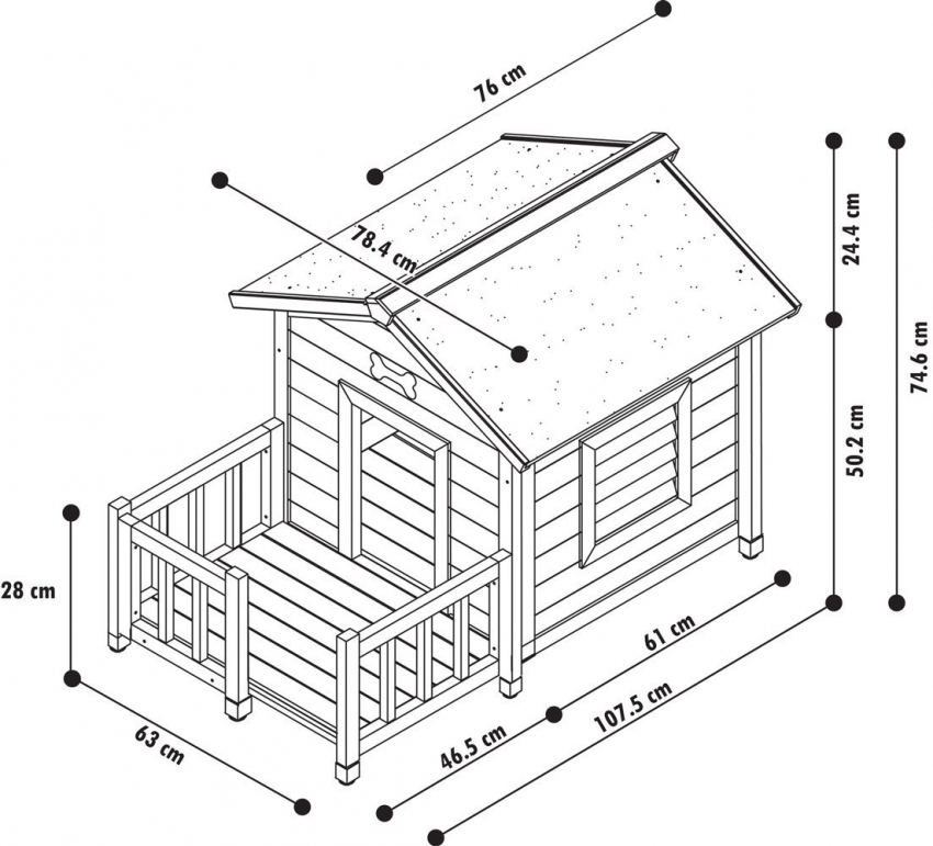 Diagram over konstruksjonen av et hundehus laget av tre Diagram over konstruksjonen av et hundehus laget av tre