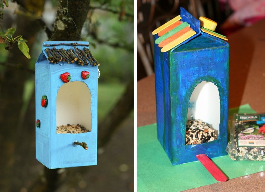 Podajniki wykonane są z pudełek na sok Podajniki wykonane są z pudełek na sok