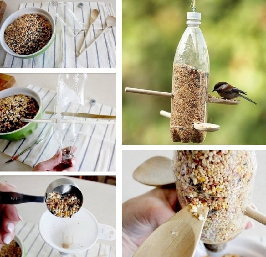 Technologia wykonania karmnika z plastikowej butelki i drewnianej łyżki Technologia wykonania karmnika z plastikowej butelki i drewnianej łyżki