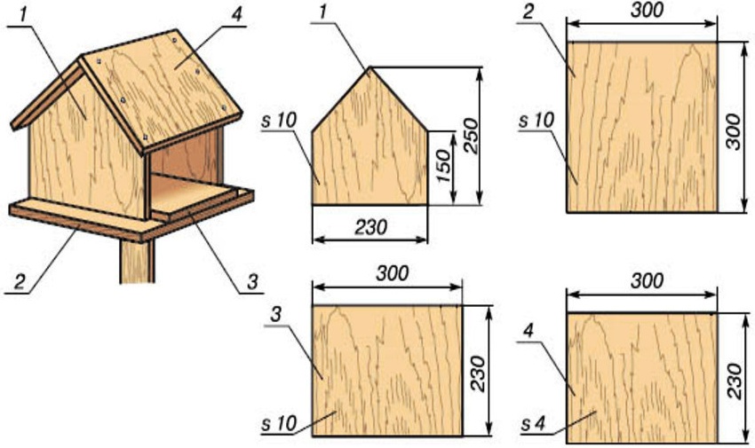 Rysunek podajnika sklejki: 1 - ściana boczna 2 szt., 2 - podstawa, 3 - spód, 4 - dach 2 szt. Rysunek podajnika sklejki: 1 - ściana boczna 2 szt., 2 - podstawa, 3 - spód, 4 - dach 2 szt.