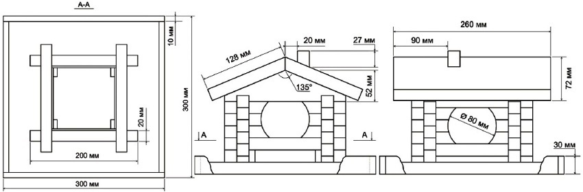 Rysunek kwadratowego drewnianego karmnika dla ptaków Rysunek kwadratowego drewnianego karmnika dla ptaków