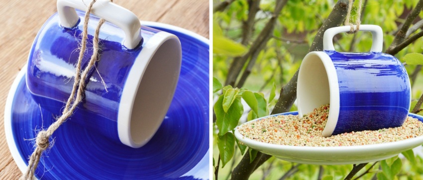 Aby zrobić podajnik z serwisu kawowego, należy przykleić filiżankę do spodka i przymocować konstrukcję do rączki Aby zrobić podajnik z serwisu kawowego, należy przykleić filiżankę do spodka i przymocować konstrukcję do rączki