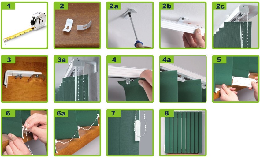 התקנת תריסים אנכיים: 1 - סימונים, 2 - הידוק לתקרה או לפתיחת חלון באמצעות תפסים, 3 - הידוק לקיר באמצעות סוגריים, 4 - התקנת מחזיקי להבות בקליפיהם של הרצים, 5 - התקנת משקולות למלה, 6 - הרכבת שרשרת, 7 - התקנת קו אינסטלציה, 8 - בדיקת יכולת הפעולה של המבנה התקנת תריסים אנכיים: 1 - סימונים, 2 - הידוק לתקרה או לפתיחת חלון באמצעות תפסים, 3 - הידוק לקיר באמצעות סוגריים, 4 - התקנת מחזיקי להבות בקליפיהם של הרצים, 5 - התקנת משקולות למלה, 6 - הרכבת שרשרת, 7 - התקנת קו אינסטלציה, 8 - בדיקת יכולת הפעולה של המבנה