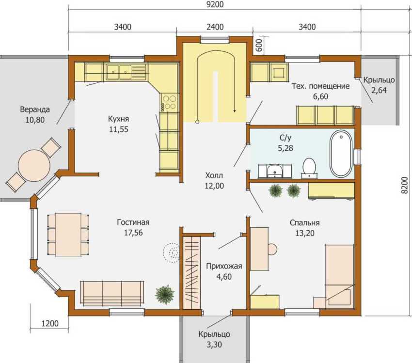 Typical project of a one-story house with a bay window Typical project of a one-story house with a bay window