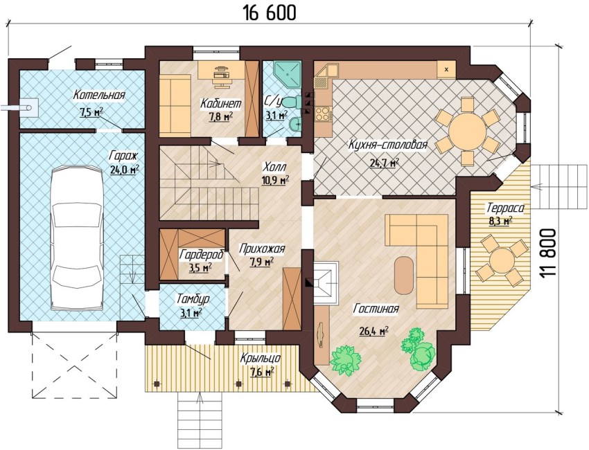 Project of the first floor of a two-story house with bay windows and a garage Project of the first floor of a two-story house with bay windows and a garage