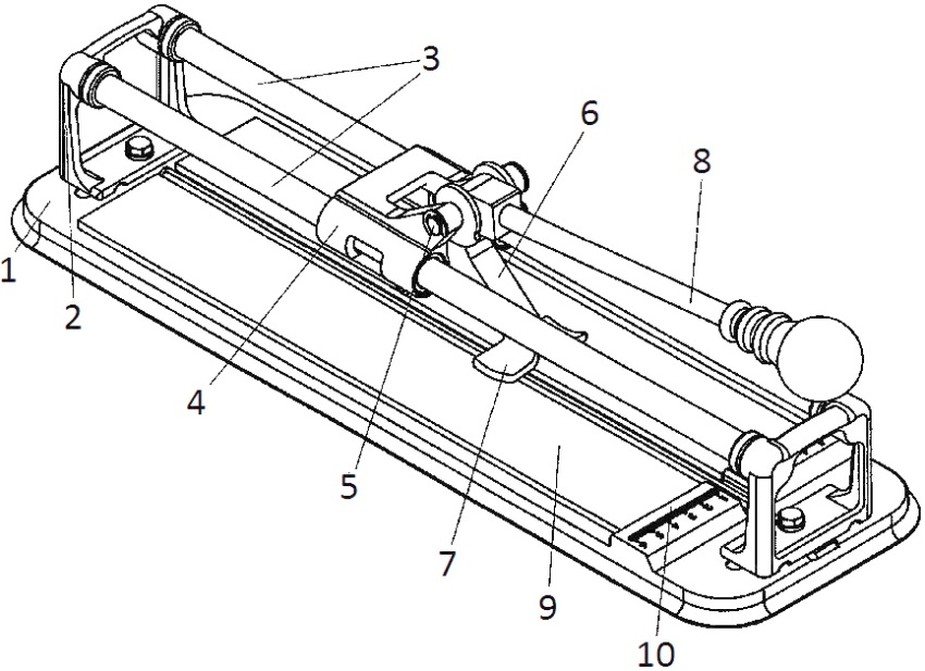 Manu-manong aparato ng pamutol ng tile: 1 - base, 2 - racks, 3 - mga gabay, 4 - karwahe, 5 - swing axis, 6 - rocker arm, 7 - break knot, 8 - control knob, 9 - substrate, 10 - pagsukat ng pinuno Manu-manong aparato ng pamutol ng tile: 1 - base, 2 - racks, 3 - mga gabay, 4 - karwahe, 5 - swing axis, 6 - rocker arm, 7 - break knot, 8 - control knob, 9 - substrate, 10 - pagsukat ng pinuno