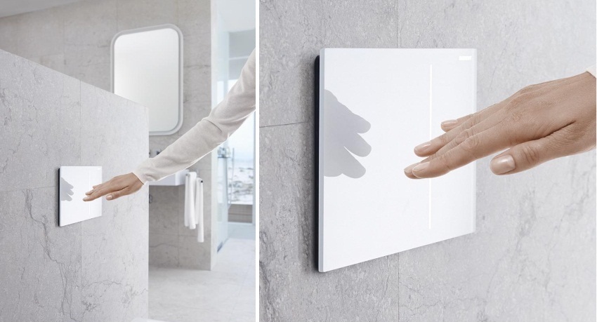 For å skylle, trenger du bare å ta hånden til den berøringsløse toalettknappen For å skylle, trenger du bare å ta hånden til den berøringsløse toalettknappen