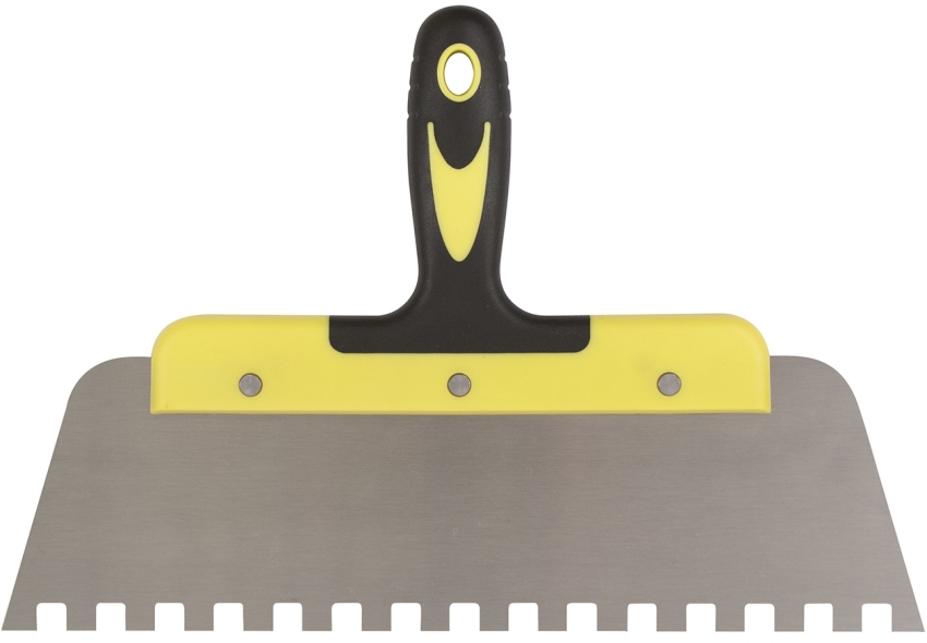 Spezialspatel mit kleinen Zähnen zum Auftragen des Klebers Spezialspatel mit kleinen Zähnen zum Auftragen des Klebers
