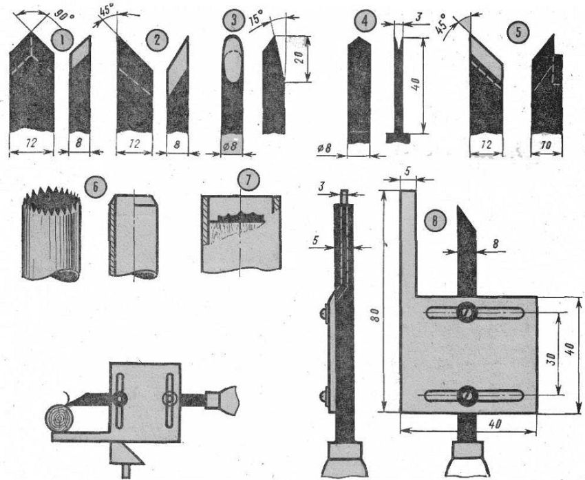 Eines de tornat de fabricació pròpia per treballar la fusta: 1 - per a processament profund, 2 - per a processament net, 3 - tornejat en forma, 6 - tall, 5 - avorrit, 6 - per girar boles, 7 - per tornejar en forma de cara, 8 - un tallador amb parada Eines de tornat de fabricació pròpia per treballar la fusta: 1 - per a processament profund, 2 - per a processament net, 3 - tornejat en forma, 6 - tall, 5 - avorrit, 6 - per girar boles, 7 - per tornejar en forma de cara, 8 - un tallador amb parada