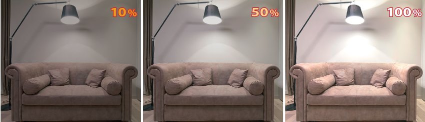 Et eksempel på ændring af belysningsniveauet for en dæmpet lampe i området 10-100% Et eksempel på ændring af belysningsniveauet for en dæmpet lampe i området 10-100%