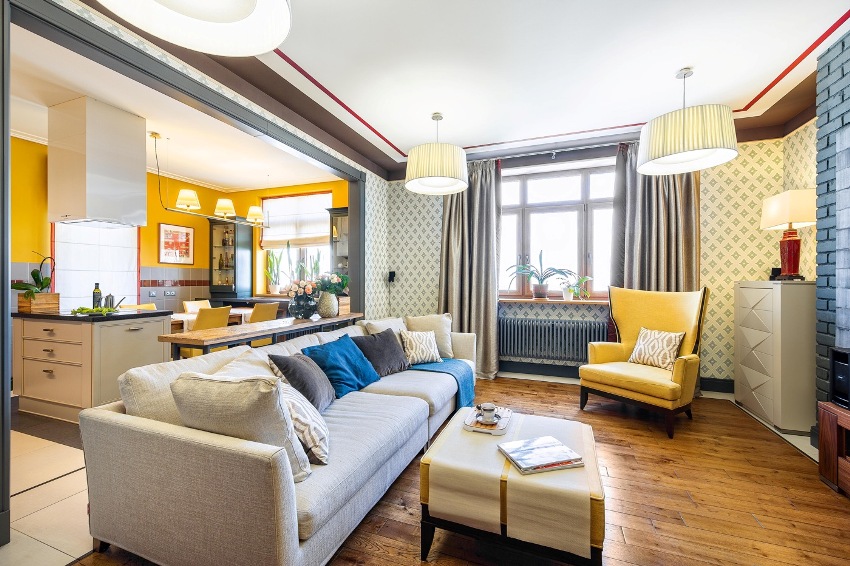 Isang halimbawa ng matagumpay na pag-zoning ng isang silid na studio apartment na may kulay Isang halimbawa ng matagumpay na pag-zoning ng isang silid na studio apartment na may kulay