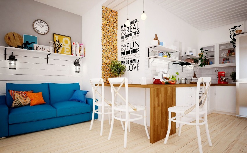 Sa pamamagitan ng pagsasama sa kusina sa sala, maaari kang makakuha ng isang malaking silid ng studio, na dapat nahahati sa mga zone Sa pamamagitan ng pagsasama sa kusina sa sala, maaari kang makakuha ng isang malaking silid ng studio, na dapat nahahati sa mga zone