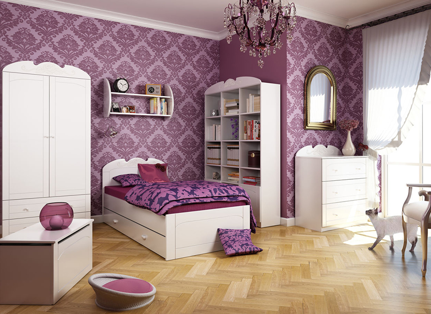 Przykład dekoracji pokoju liliową tapetą Przykład dekoracji pokoju liliową tapetą