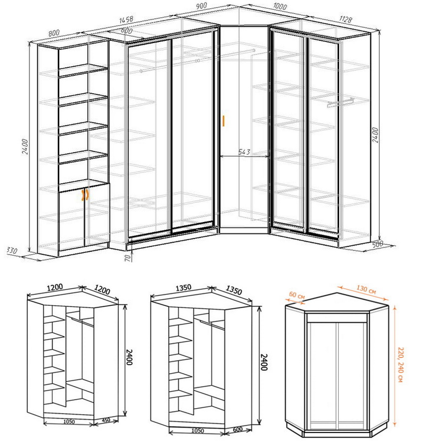 Primjeri rasporeda kutnih ormarića s dimenzijama Primjeri rasporeda kutnih ormarića s dimenzijama