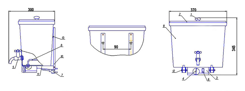1. Griff abdecken, 2. Deckel, 3. Steuergerät, 4. Temperaturregler, 5. Kugelhahn, 6. Schlüsselschalter, 7. Kabel, 8. Heizelement, 9. Wassertank, 10. Wandhalterung, 11. Halterung Unterstützung, 12. Schraube, 13. Buchsen 1. Griff abdecken, 2. Deckel, 3. Steuergerät, 4. Temperaturregler, 5. Kugelhahn, 6. Schlüsselschalter, 7. Kabel, 8. Heizelement, 9. Wassertank, 10. Wandhalterung, 11. Halterung Unterstützung, 12. Schraube, 13. Buchsen