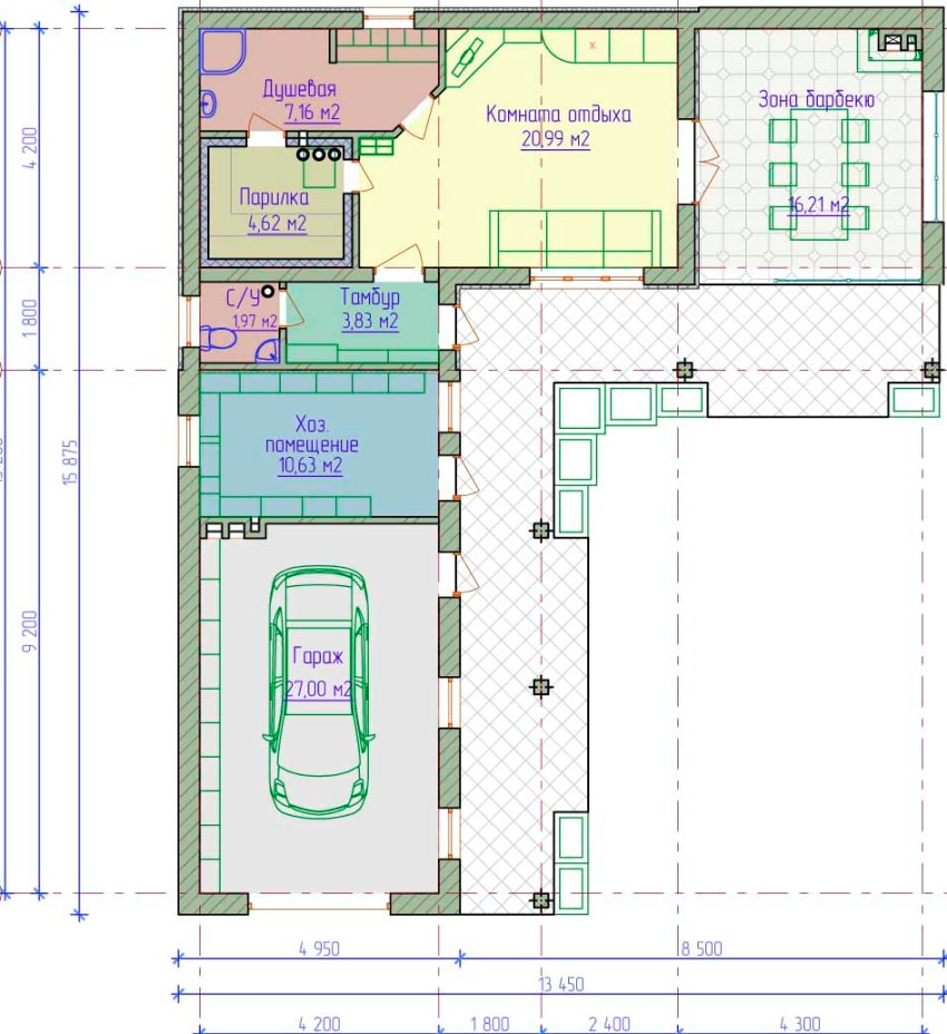 Plano ng bahay na may garahe at sauna sa ilalim ng isang bubong Plano ng bahay na may garahe at sauna sa ilalim ng isang bubong