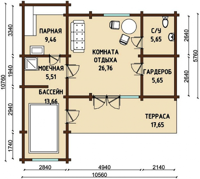 Dự án phòng tắm hơi có kích thước 10,76x10,56 m với hồ bơi, sân hiên và phòng thư giãn Dự án phòng tắm hơi có kích thước 10,76x10,56 m với hồ bơi, sân hiên và phòng thư giãn
