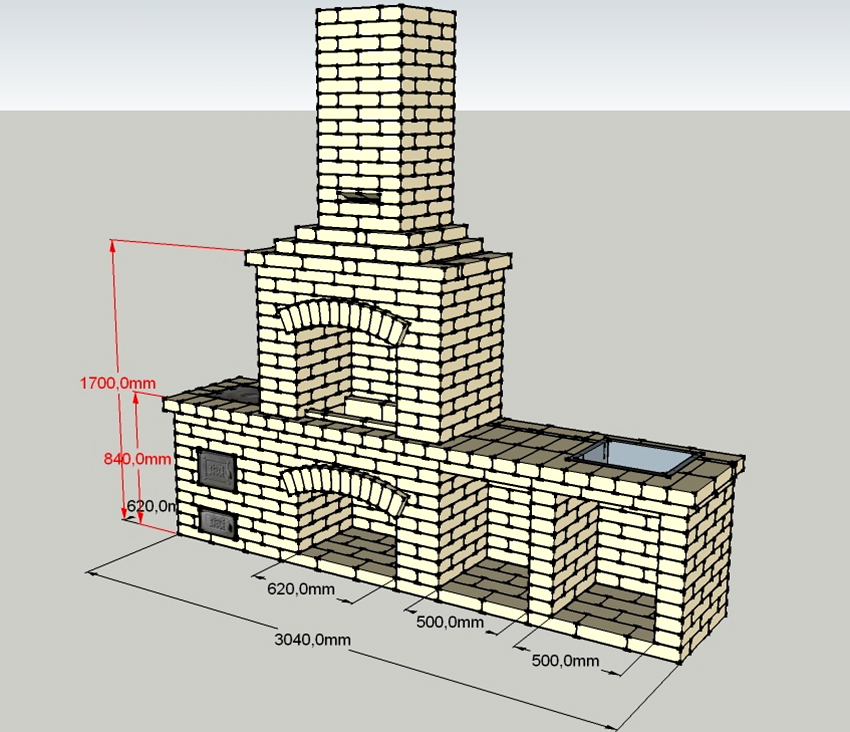 Mursten grillprojekt 1,70x3,04 m med et arbejdsområde og et rør Mursten grillprojekt 1,70x3,04 m med et arbejdsområde og et rør