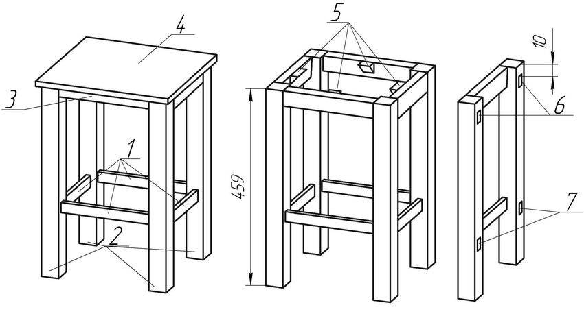 Glavni elementi stolice: 1 - izbočenja; 2 - noge; 3 - kralj; 4 - poklopac; 5 - elementi za povezivanje; 6, 7 - utičnice Glavni elementi stolice: 1 - izbočenja; 2 - noge; 3 - kralj; 4 - poklopac; 5 - elementi za povezivanje; 6, 7 - utičnice