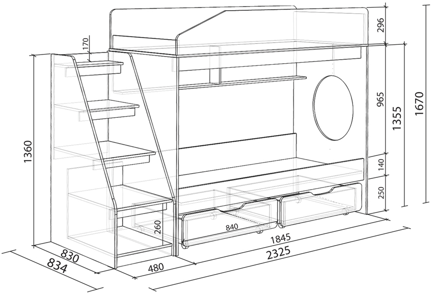 การวาดเตียงสองชั้นพร้อมขั้นตอนและลิ้นชัก