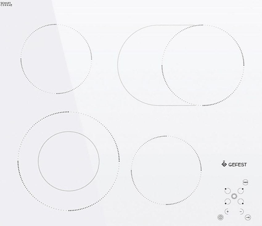 La placa d’inducció blanca Gefest CH 4232 K12 té cremadors de diferents diàmetres, adequats per a plats de qualsevol mida La placa d’inducció blanca Gefest CH 4232 K12 té cremadors de diferents diàmetres, adequats per a plats de qualsevol mida