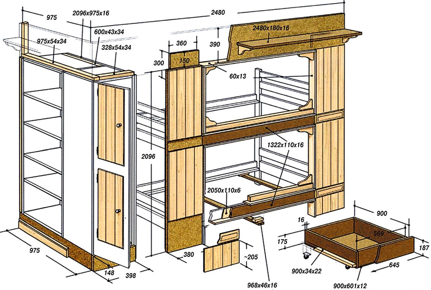 Tegning av en køyeseng for barn som måler 975x2096x2480 mm
