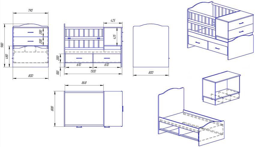 Tegning av en barneseng for en nyfødt med ekstra skuffer