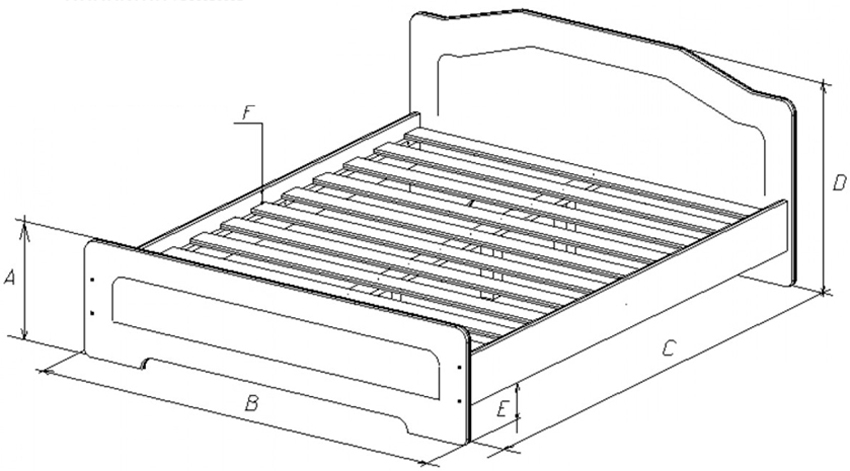 Σχέδιο διπλού κρεβατιού, όπου A - 40 cm, B - 147 cm, C - 205 cm, D - 82 cm, E - 13,8 cm, F - 5 cm Σχέδιο διπλού κρεβατιού, όπου A - 40 cm, B - 147 cm, C - 205 cm, D - 82 cm, E - 13,8 cm, F - 5 cm