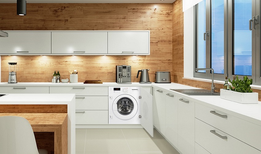 A maioria dos modelos de máquinas de lavar integradas tem uma visão de carregamento frontal A maioria dos modelos de máquinas de lavar integradas tem uma visão de carregamento frontal